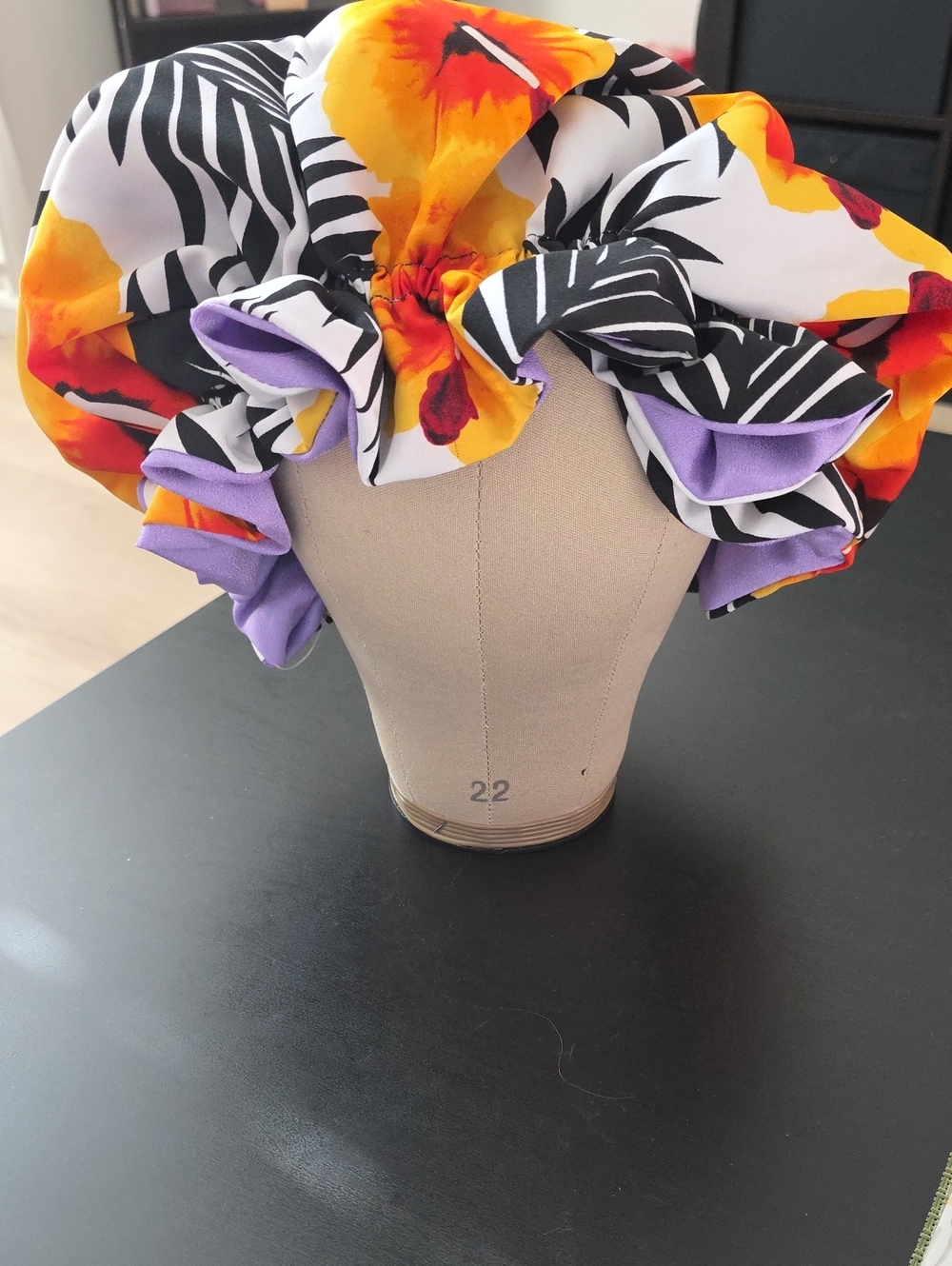 Handmade Hair Bonnet In Orange & Black Floral Print